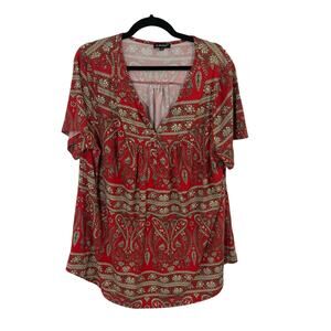 a.Jesdani red paisley print henley stretchy soft top size 3X boho funky hippy